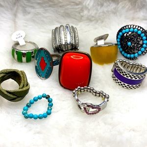 10 Unisex Costume Rings Silver tone, leather, Stone, Plastic & Glass beads